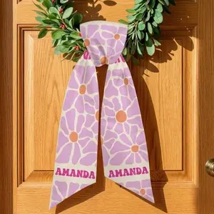 Personalized Name Wreath Sash Door, Custom Floral Wreath Sash, Pink Flower Door Wreath Bow, Spring Front Door Decor, Custom Name Door Decor