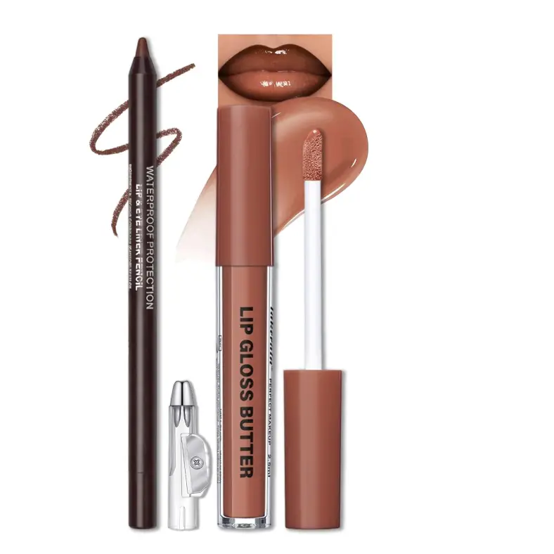 Lip Liner and Gloss Set, Nourishing Lip Gloss & Brown Lip Liner Combo Sets, Non-Sticky Plumping Lip Kit for Women