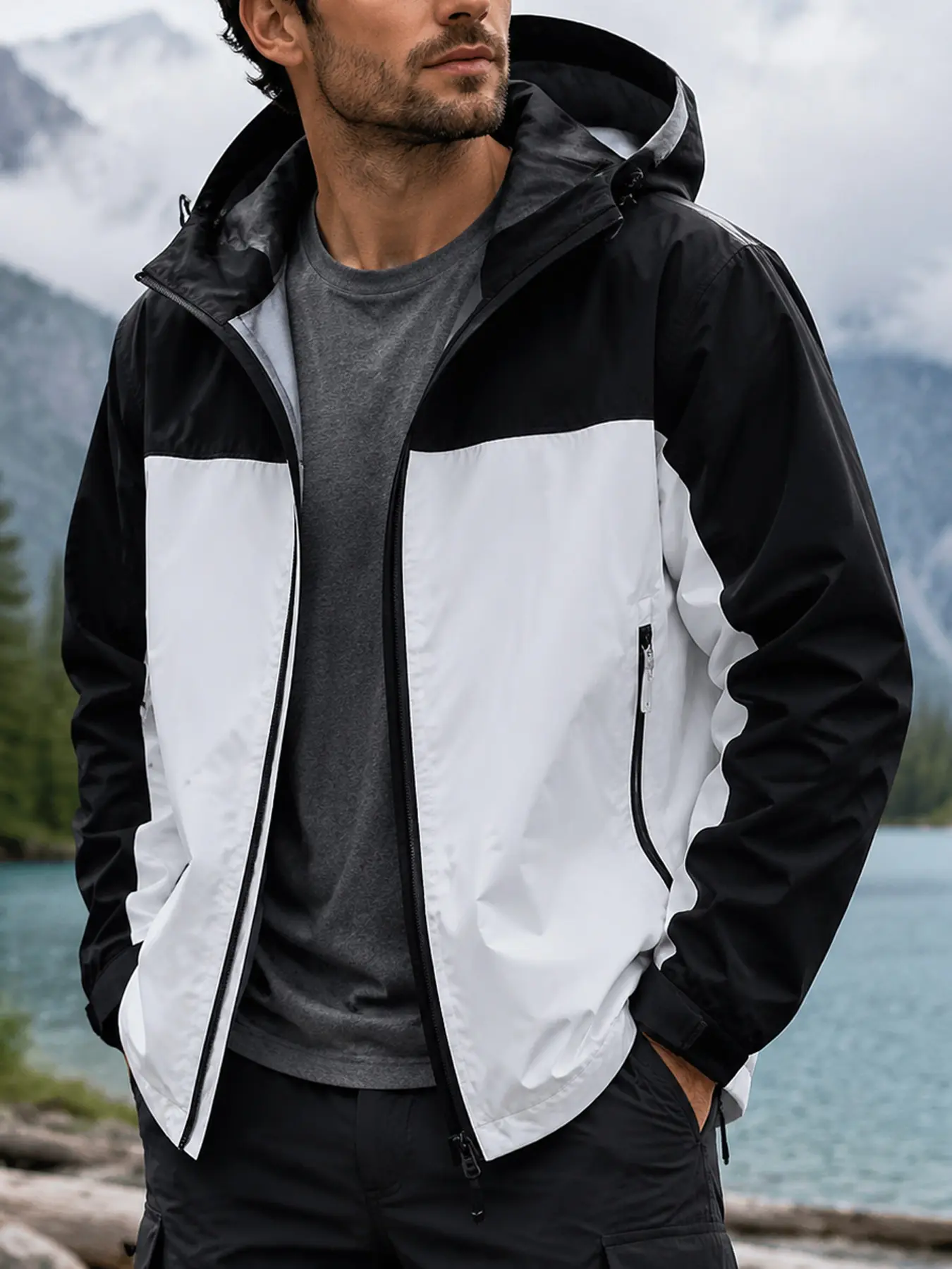 Men’s patchwork hooded softshell jacket for outdoor activities—waterproof, windproof, mountaineering apparel with a functional, casual design