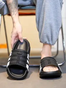 Tri-Color Athletic Slide Sandals, Pu Leather Slides - Lightweight EVA Slippers with 3D Textured Strap, Shock-Absorbing Non-Slip Outsole, Waterproof & Easy to Clean, Versatile for Everyday Wear, Shower Use, Comfort for All-Day Use