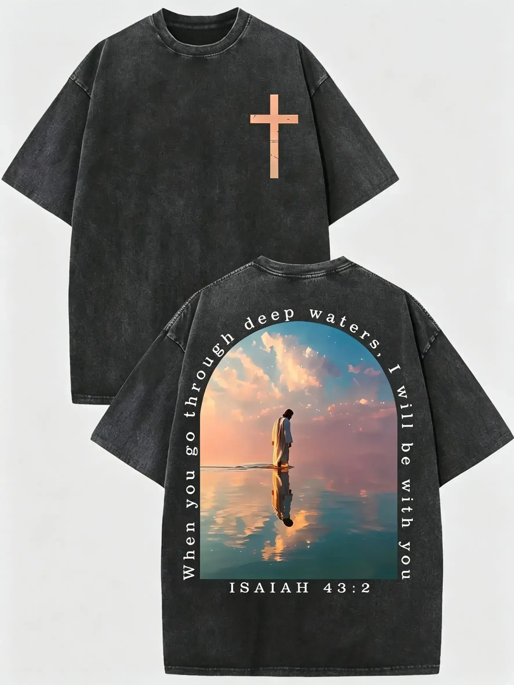 [BT] Vintage Washed Black Christian Oversized T Shirt, Isaiah 43:2 Jesus Walk On Water Cross Graphic Short Sleeve Tee Religious Faith Aesthetic Streetwear Top, Inspirational Bible Verse Religious Streetwear T-Shirt For Men