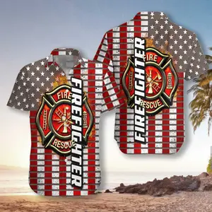Firefighter Logo And Red American Flag Firefighter Hawaiian Shirt, Horizontal Stripe Firefighter Shirt For Men, Short Sleeve Casual Button Down Shirts Summer Beach Shirt, Tropical Floral Shirt