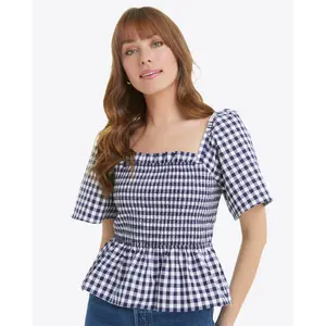 Deana Smocked Top in Navy Gingham