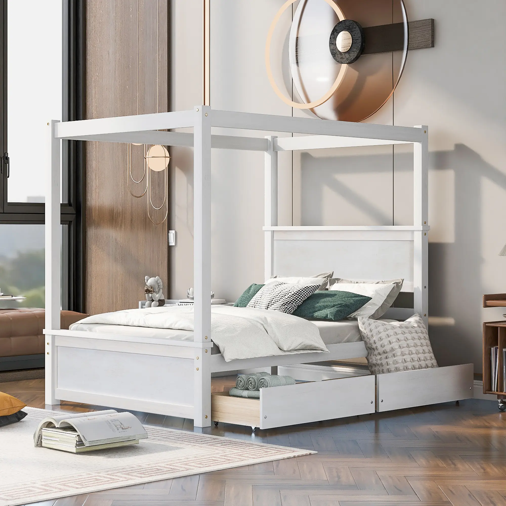 Dreamzon Brushed White Full Size Canopy Platform Storage Bed, 79.5"l x 56.9"w x 71.2"h, with 2 Storage Drawers, Support Slats, No Box Spring Needed, Assembly Required