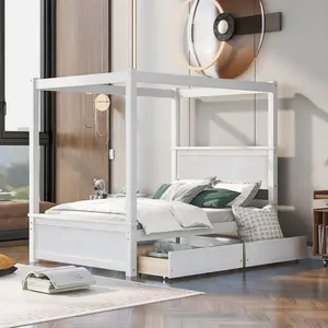 Dreamzon Wood Canopy Bed with two Drawers, Full Size Canopy Platform bed With Support Slats .No Box Spring Needed, Brushed White