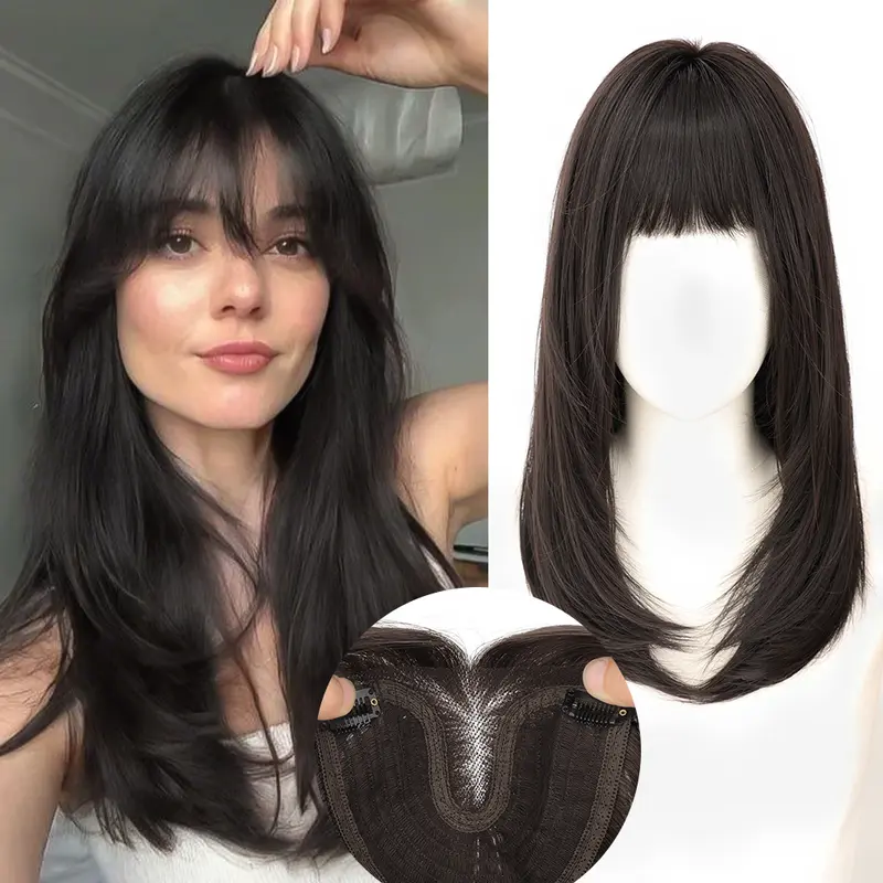 【ORSUNCER HAIR] Dark Brown Hair Toppers for Women with Thinning 3D 360° Cover Clip in Wispy Bangs Upgraded Adjustable Bandage 18 Inch Long Layered