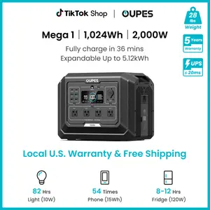OUPES Mega 1, 2000W 1024Wh Portable Power Station, LiFePO4 Battery, Solar Generator, 1 Hour Fast Charging, for Home Backup Power, Camping