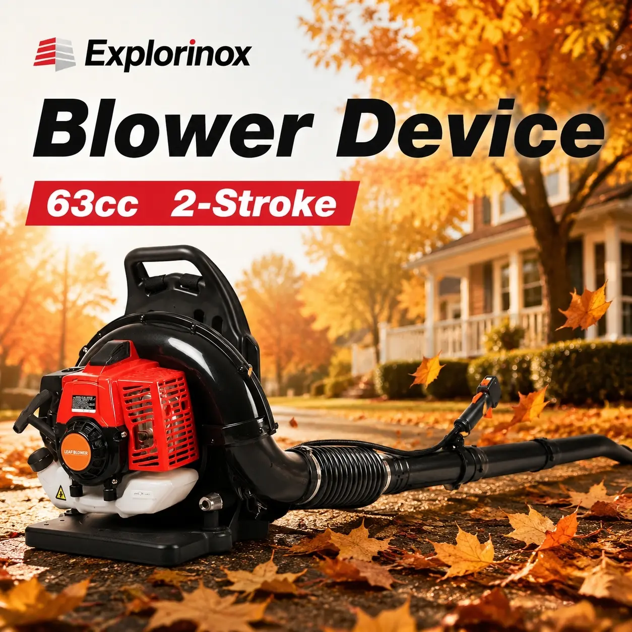 Explorinox Gas Backpack Leaf Blower 63cc 2-Stroke Engine 700CFM 200MPH High-Powered for Lawn Yard Cleanup Efficient Fuel Tank Ergonomic Design All-Season Use