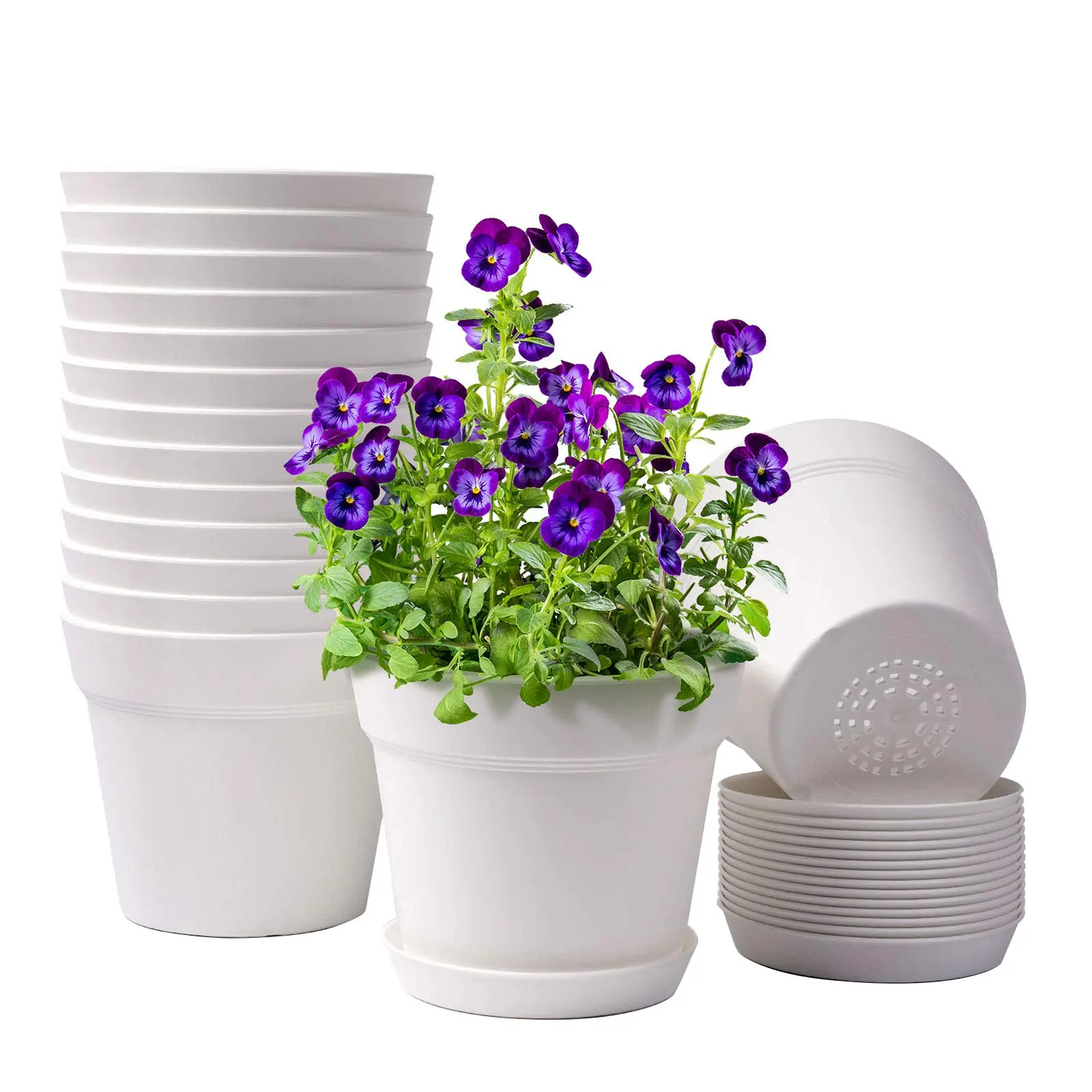 HOMENOTE 15-Pack 6in Light-Durable Plastic Flower Pots - Pot for Plants, Unique Modern Kitchen Planters with Drainage Holes & Trays for Indoor/Outdoor Gardening, Unique Pots