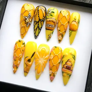 AURA NAILS \ Honey Jar Press On Nails  Bee Eyes Stiletto Fake Nails  Reusable Trendy Nails  Summer Trendy Nails  Yellow Glue On Nails