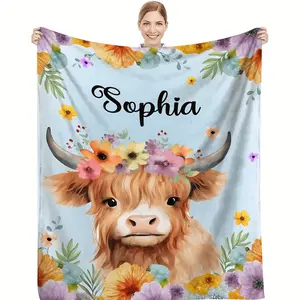 Custom Name Highland Cow Floral Blanket - Four Seasons Personalized Text Soft Comfortable Flannel Blanket, Retro Style Animal Pattern Digital Print Knitted Polyester Blanket 200-250g Lightweight Comfortable Bedding