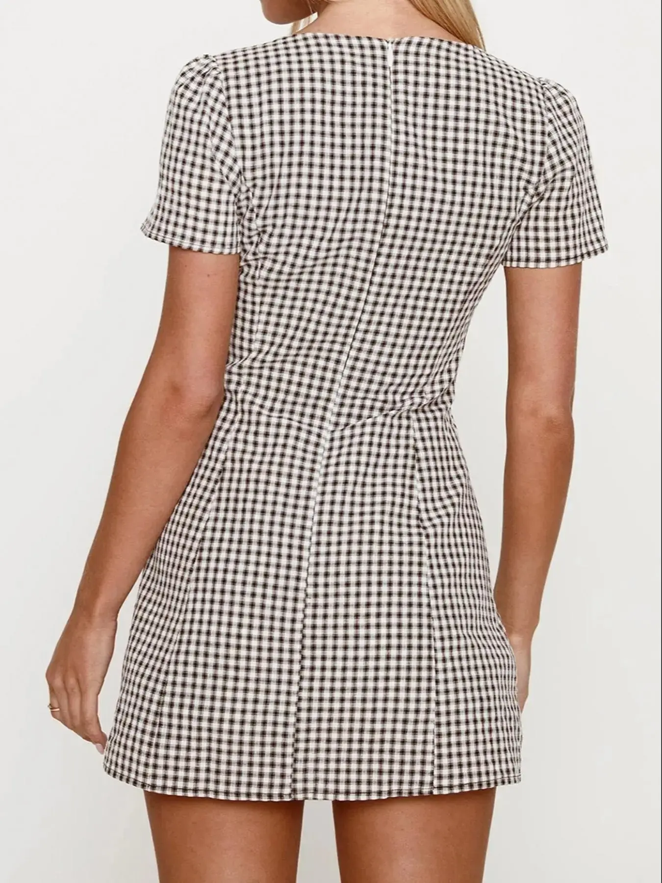 Gingham Plaid Button Decor V-Neck Short Sleeve Mini Dress Casual Summer Daily 2026