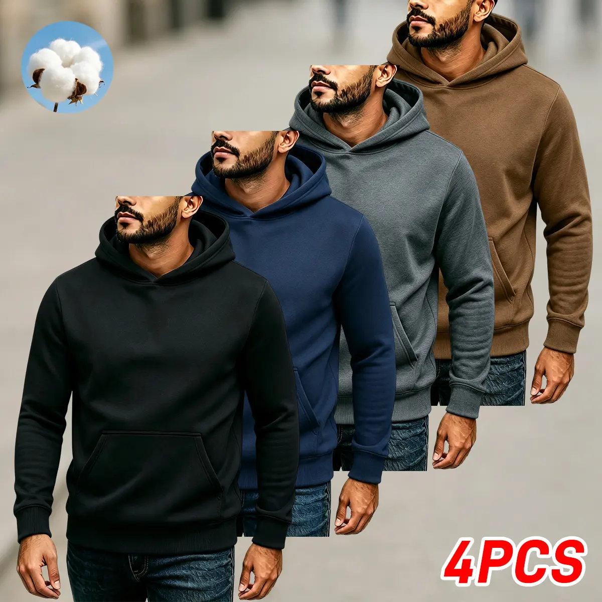 JOGWAVE 4PCS Men's Hoodie tiktokshopbacktoschool Cotton Blend Long Sleeve Pullover Regular Fit Soft Breathable Durable Everyday Comfort Machine Washable Casual Outdoor Urban Street Wear Black Brown Back to School Shopping hoodies for men college clothes