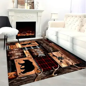 Country Farmhouse Bear and Deer Area Rug, Indoor/outdoor Comfort Carpet, Flannel, 0.47 Inch Thick, Kitchen, Home, Office Decor