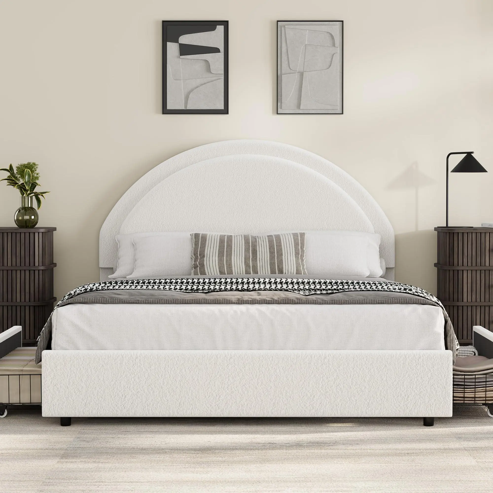 Queen Size Boucle Bed Frame with 2 Storage Drawers, Soft Upholstered Platform Bed Frame with Round Headboard, Heavy Duty, Wooden Slats, Noise Free, No Box Spring Needed, White