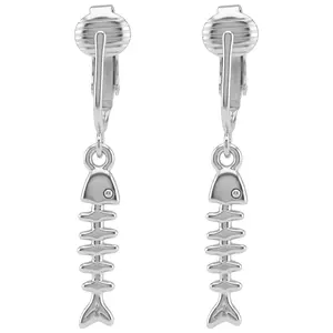 Silver Mini Fishbones Clip On Dangling Earrings