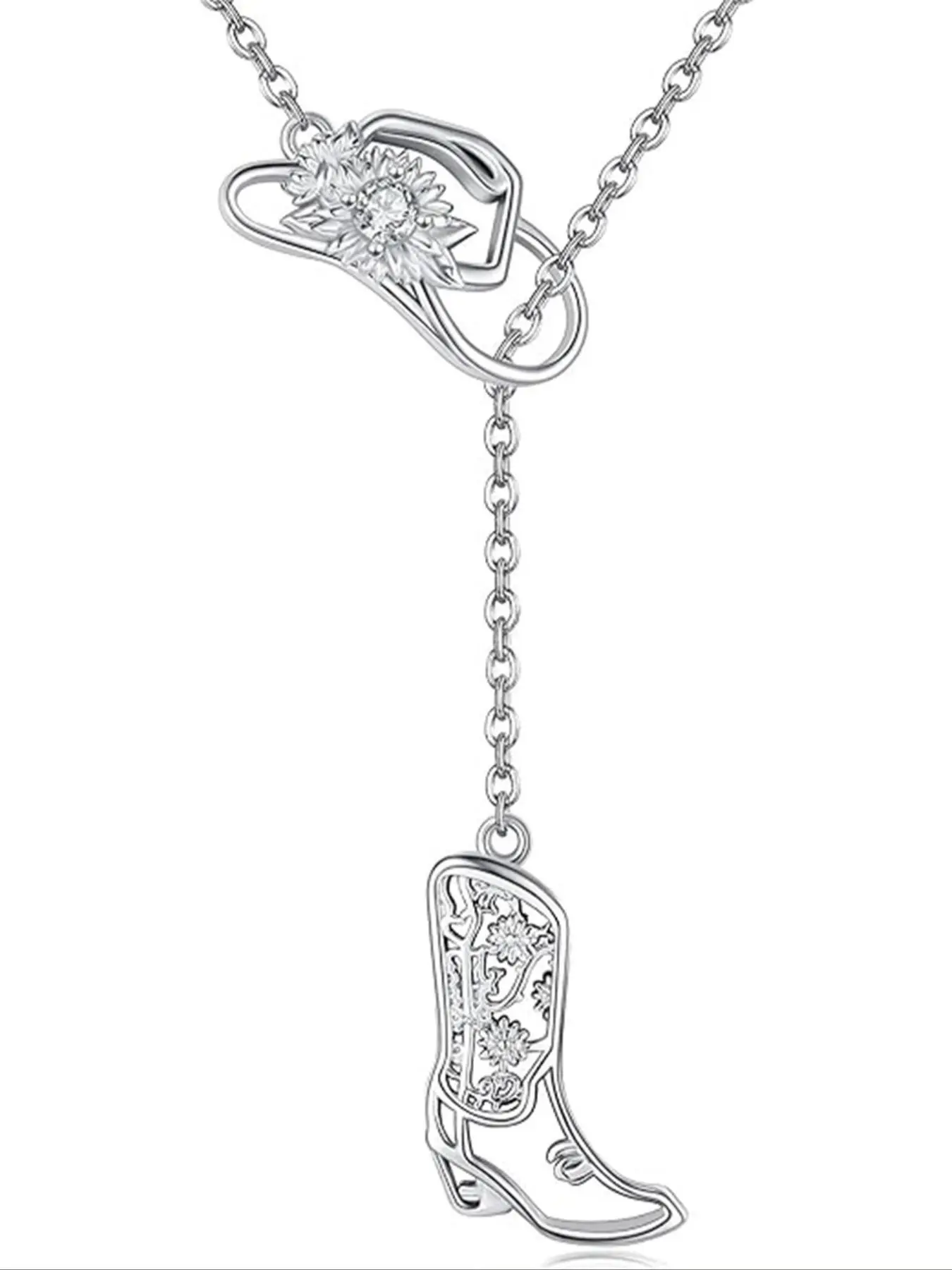 S925 Sterling Silver Western Boots Design Cubic Necklace, Sparkling CZ Necklace, Exquisite Trendy Pendant, Fashion Jewelry for Party, Daily Clothing Decor, Trendy All-match & Exquisite Jewelry for Birthday Gift, Accessory Necklace
