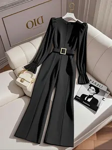 Women's Plain Color Jumpsuit, New Elegant Fitted Design, Unique Style with Waist Belt, All Seasons Wear, Comfortable and Stylish, Casual Fashion Jumpsuit