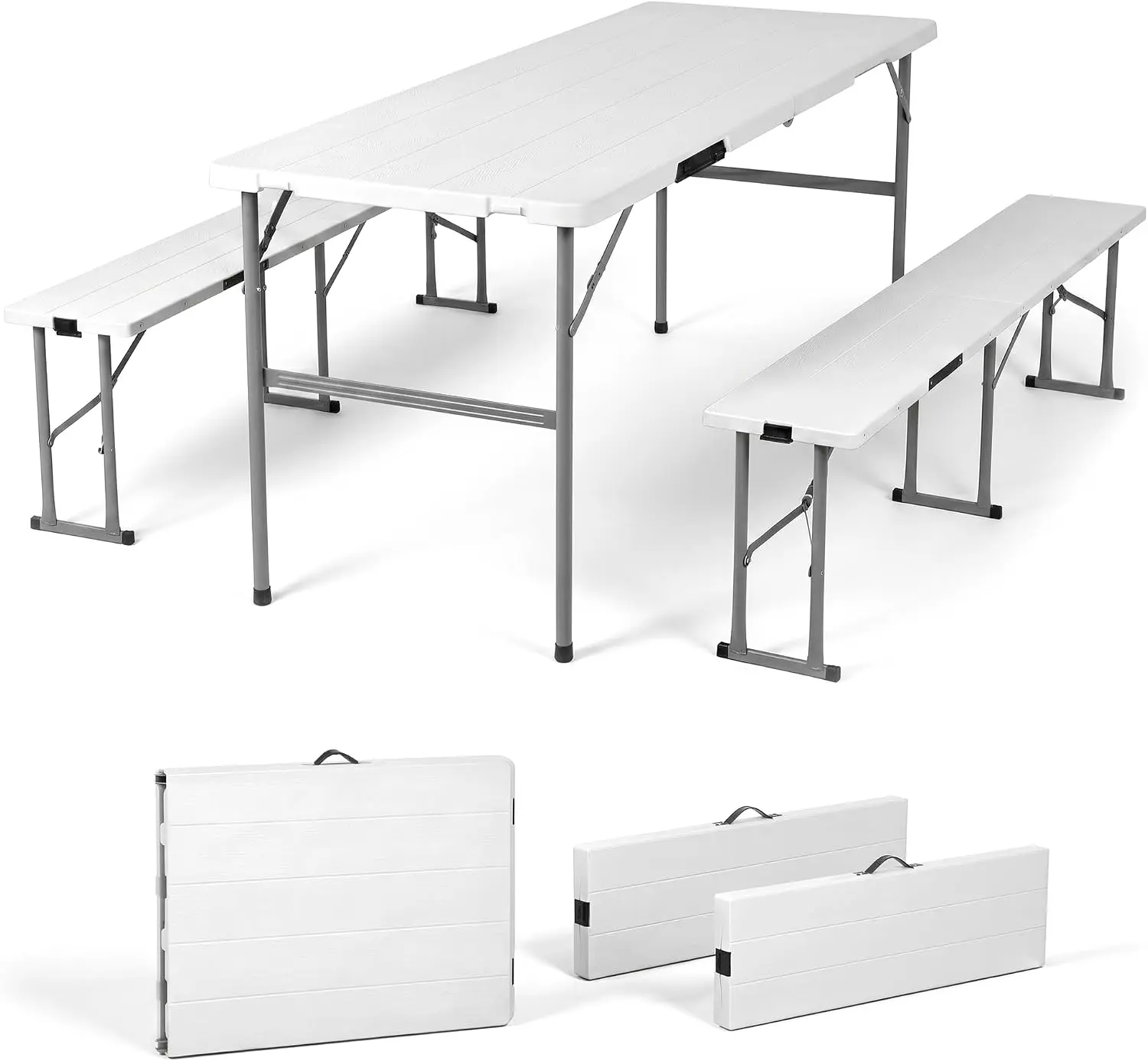 Zeny Folding Table Set with 2 Benches, 5.8 FT Camping Picnic Table Set, Outdoor Indoor Portable Furniture for Working Meeting Wedding Party w/Handle and Safety Lock