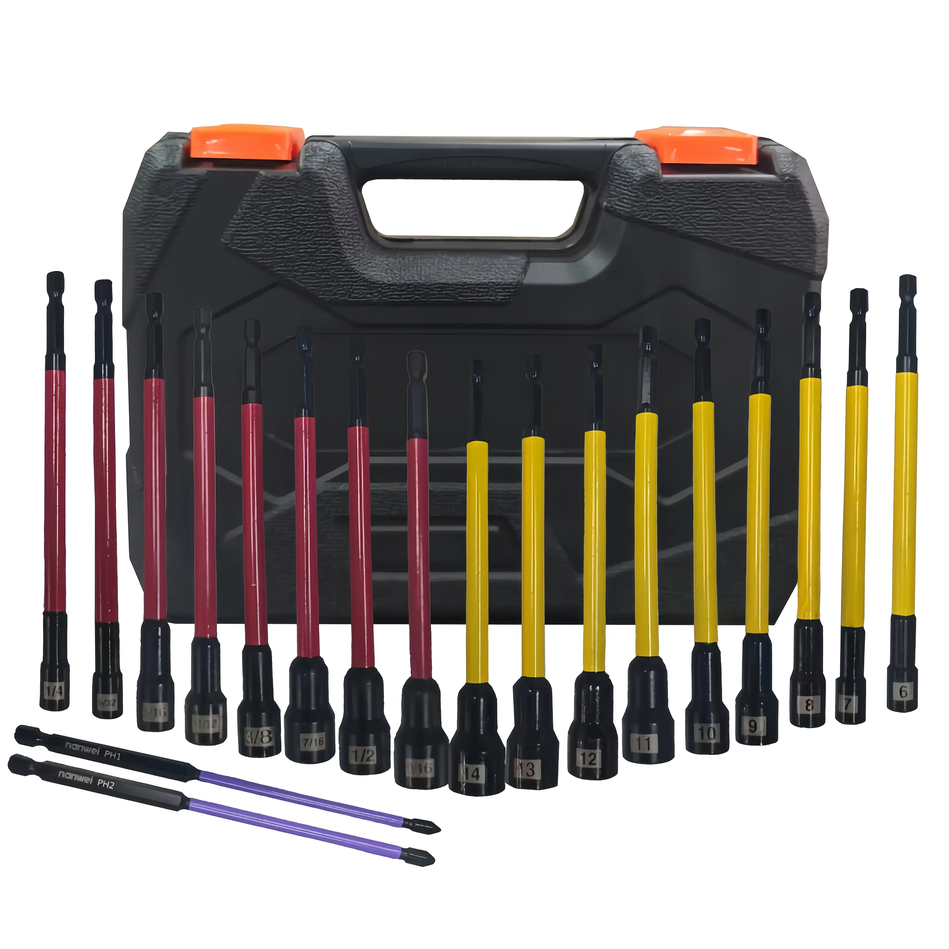 19PCS Extra Long Magnetic Nut Driver & Phillips Bit Set - SAE & Metric, 6-Inch 1/4" Hex Shank PH1/PH2 Socket Bits, Impact Drill Accessory with Storage Case, Ideal DIY Tool & Holiday Gift