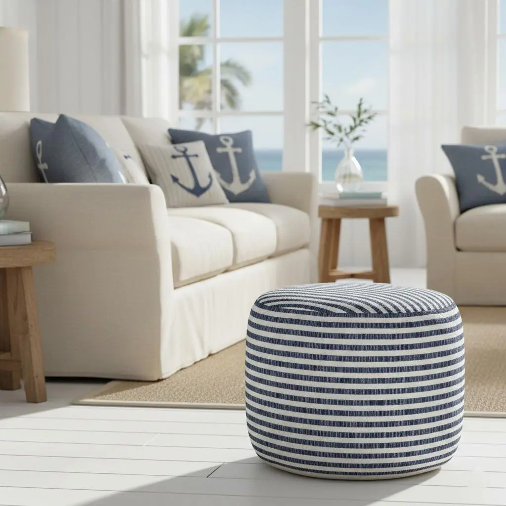 Caspian Handmade Coastal Striped Round Indoor Medium Pouf Ottoman, Blue/White