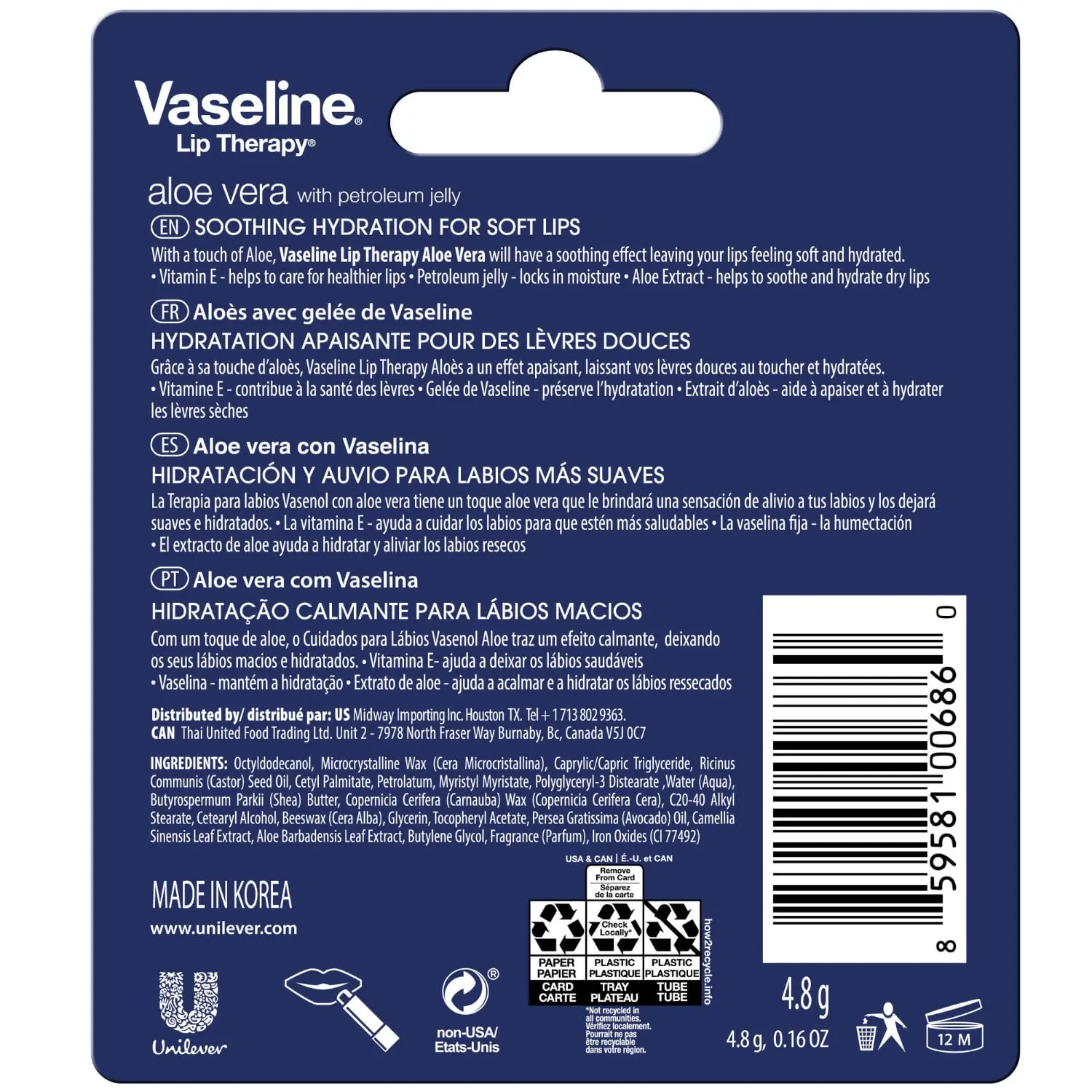 Vaseline Lip Therapy Care Aloe Fresh, Fast-Acting Nourishment, Ideal for Chapped, Dry, Cracked, or Damaged Lips, Lip Balm, 4-Pack, 0.16 Oz Each
