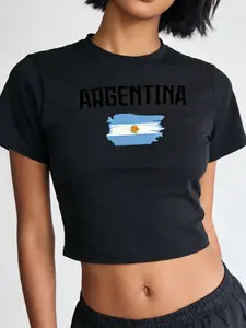 Women's Argentina Flag Graphic Print Crop Top, Short Sleeve Sporty Casual Tee, Summer Quick Dry Breathable Elastic Fit