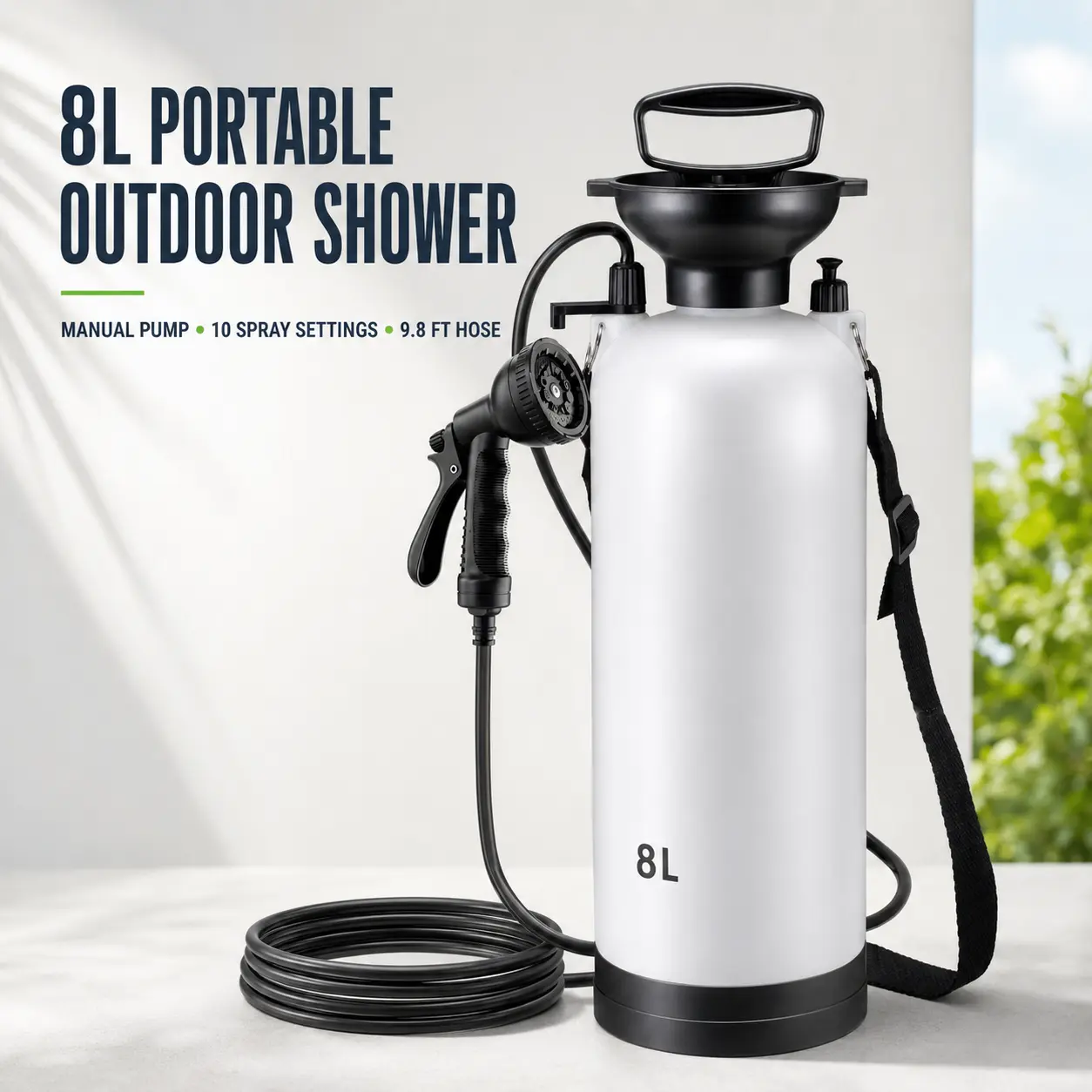 8L Manual Pump Outdoor Shower Sprayer with 9.8FT Hose and 10 Spray Settings for Camping, Beach Rinsing, Pet Bathing, Car Cleaning and Garden Watering