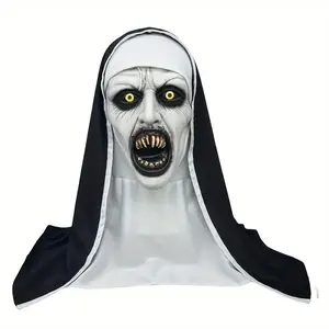 Halloween Horror Creepy Nun Mask, Synthetic Latex, Hand Washable, Street Style Costume Accessory, Perfect for Halloween Parties & Events
