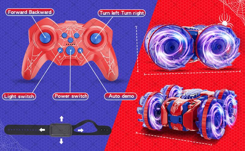 Fygurso Remote Control Car RC Cars with Sides Light Strip and Headlights Double Sided 360 Flips Rotating RC Stunt Car,2.4Ghz All Terrain Toys for Kids Toy for Boys Girls Birthday Gift(Blue)