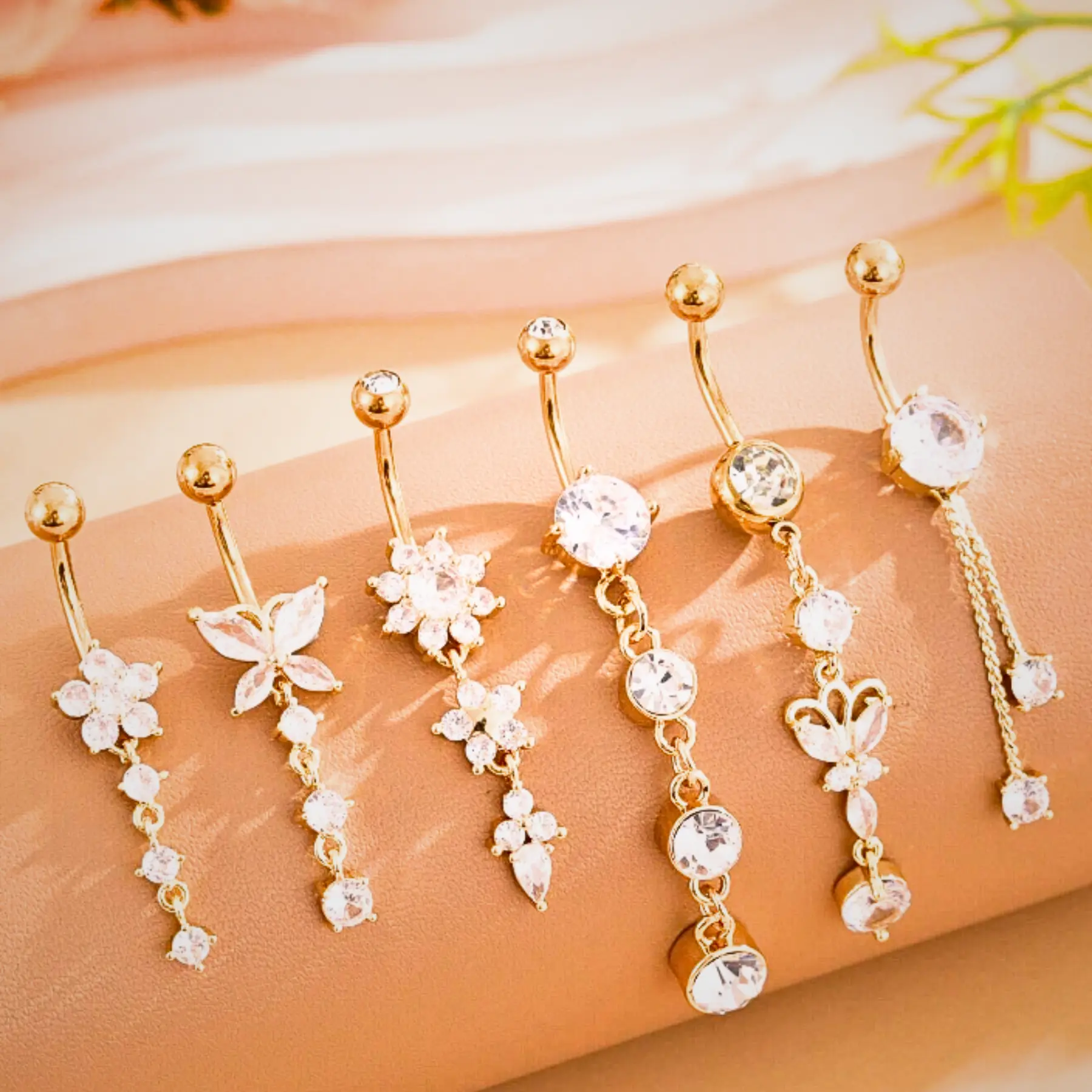 18K Gold Plated Belly Button Ring Set, 6PCS Butterfly CZ Dangle Navel Piercing Jewelry For Women