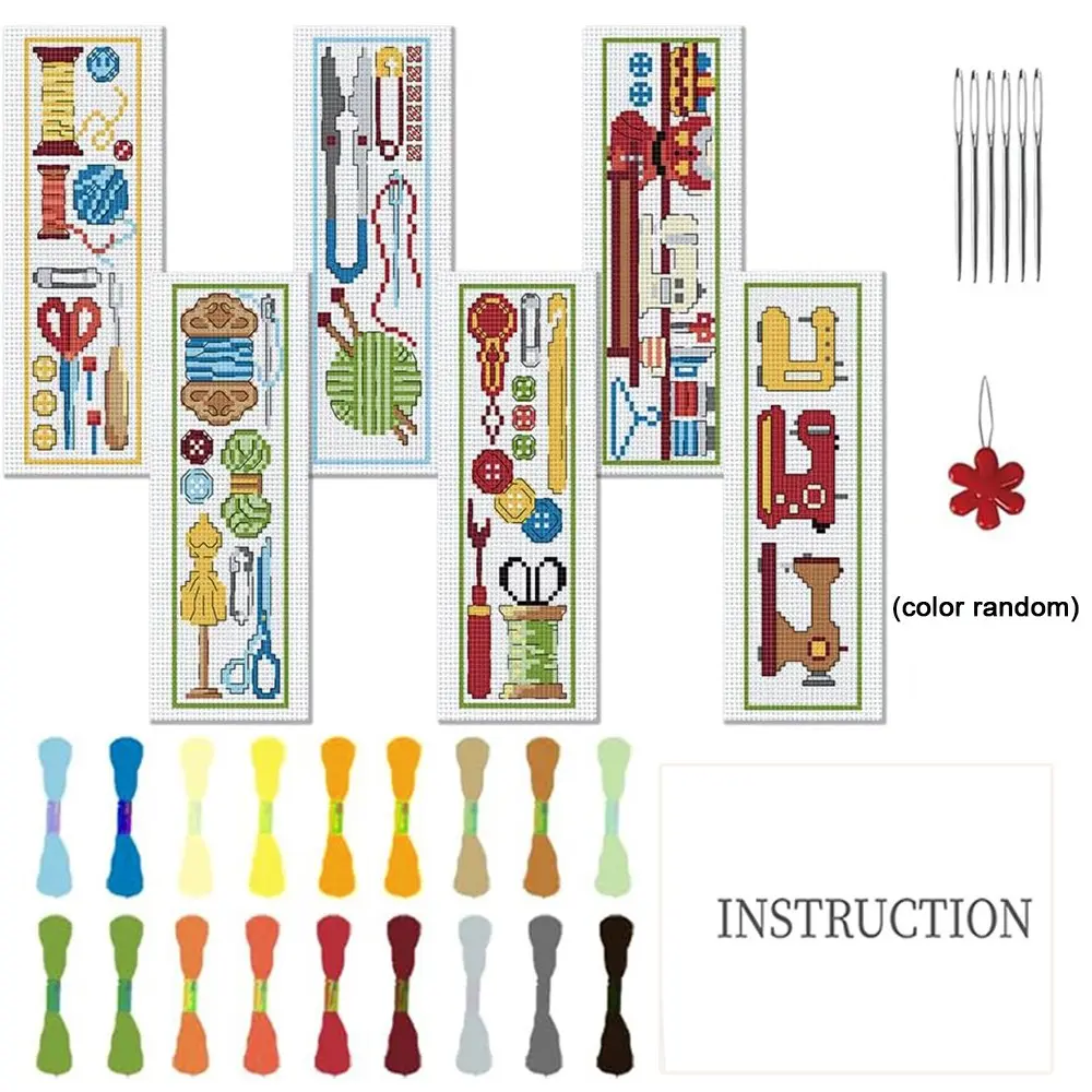6-Piece Sewing Themed Cross Stitch Bookmark DIY Art Set, Beginner Friendly ，Unique Fabric Bookmarks, Includes Embroidery Tools, Perfect for Craft Lovers