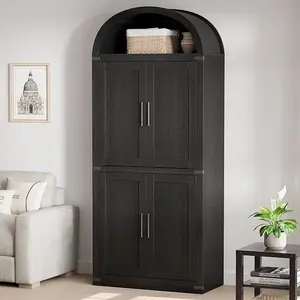 Arched Cabinet ,  Large Bookshelf with Doors, Arched Bookcase with Cabinets, 5 Tier Kitchen Cabinets for Dining Room，Black