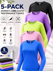 Women's Casual Breathable Quick-Dry Long Sleeve Tops, Fitness Running Tops, 5 Pack Yoga Running Activewear, Spring & Fall Fitted Sportswear, Athletic Sports Clothing, Yoga Clothes, Fitness Training Clothes
