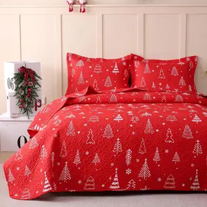 2 Pcs Kids Christmas Quilt Set Twin Size, Red Christmas Tree Bedding, Soft Microfiber Bedspread Coverlet Holiday Quilted Blanket