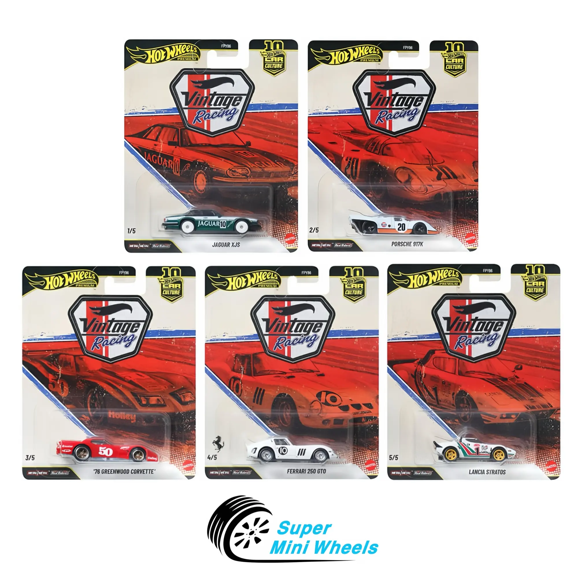 Hot Wheels 1:64 Car Culture 10th Anniversary 2026 T Case – Vintage Racing - 5 Cars Set