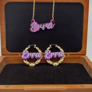 Custom Gold XOXO Hoop Earrings and a Name Necklace, Personalized Name and Background Color, Hand-made Jewelry Set