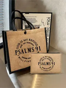 Christian-Themed Tote Bag And Makeup Bag Set Printed With Incorporates Elements Of God, Jesus, Christianity, And Religious Activities And Letters"Psalm 91 Verse",Portable Multi-Functional Tote Bag,Shopping Bag,Reusable Printed Women's Tote Bag