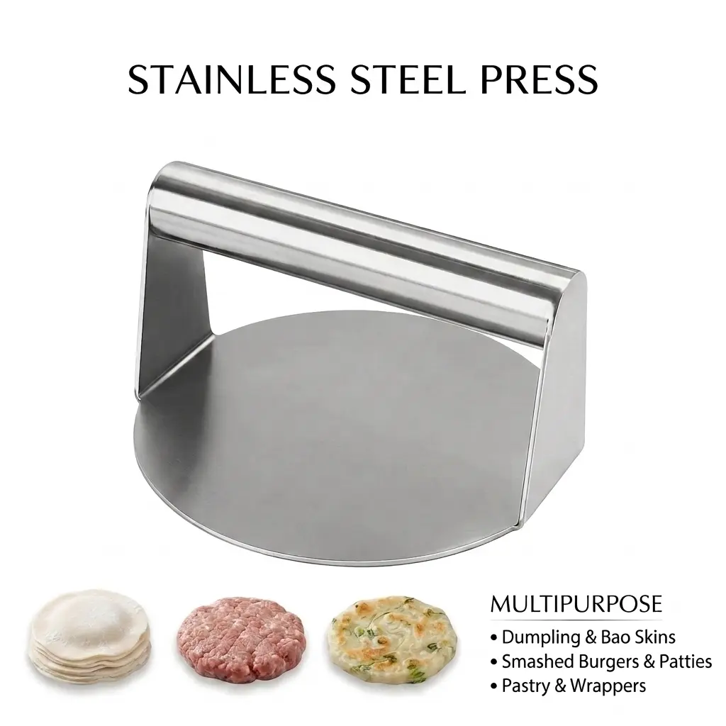 Round Stainless Steel Tortilla Press - Portable, Lightweight Kitchen Utensil for Thin Dough Flattening, Homemade Flatbreads, Meat Patties, Dumpling Wrappers (Home Kitchen Use)