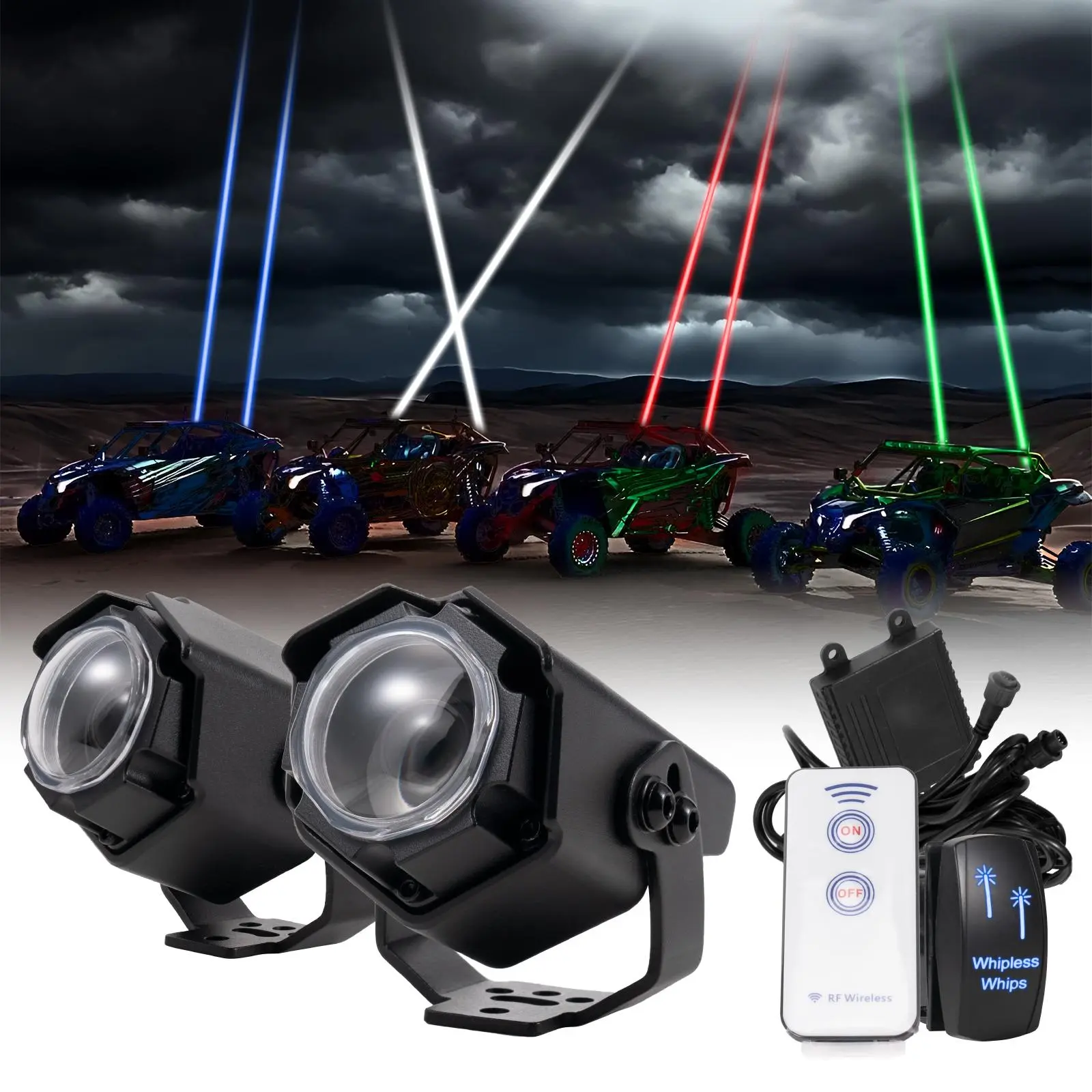 ANGU-OFFROAD 2Pcs Whipless RGBW Beam Laser Whip Lights, Aluminum Housing IP68 Auto Spot Beam Kit with Switch & Remote Chase Antenna, Durable LED Visibility Boost Accessory for ATV/UTV, Easy Versatile Installation