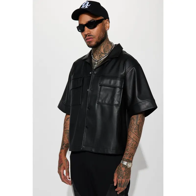 High Stepper Faux Leather Button Up Shirt - Black
