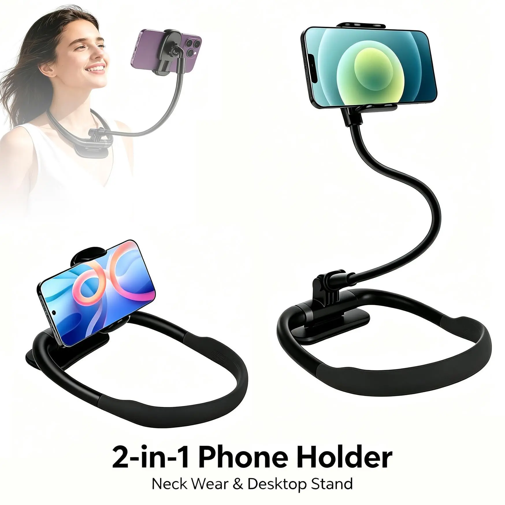 360° Adjustable Neck Phone Holder with Magnetic Detachable Neck Ring, POV/Vlog Recording Hands‑Free Anti‑Shake Neck Mount Bracket, Universal Accessory for iPhone and Android Smartphones