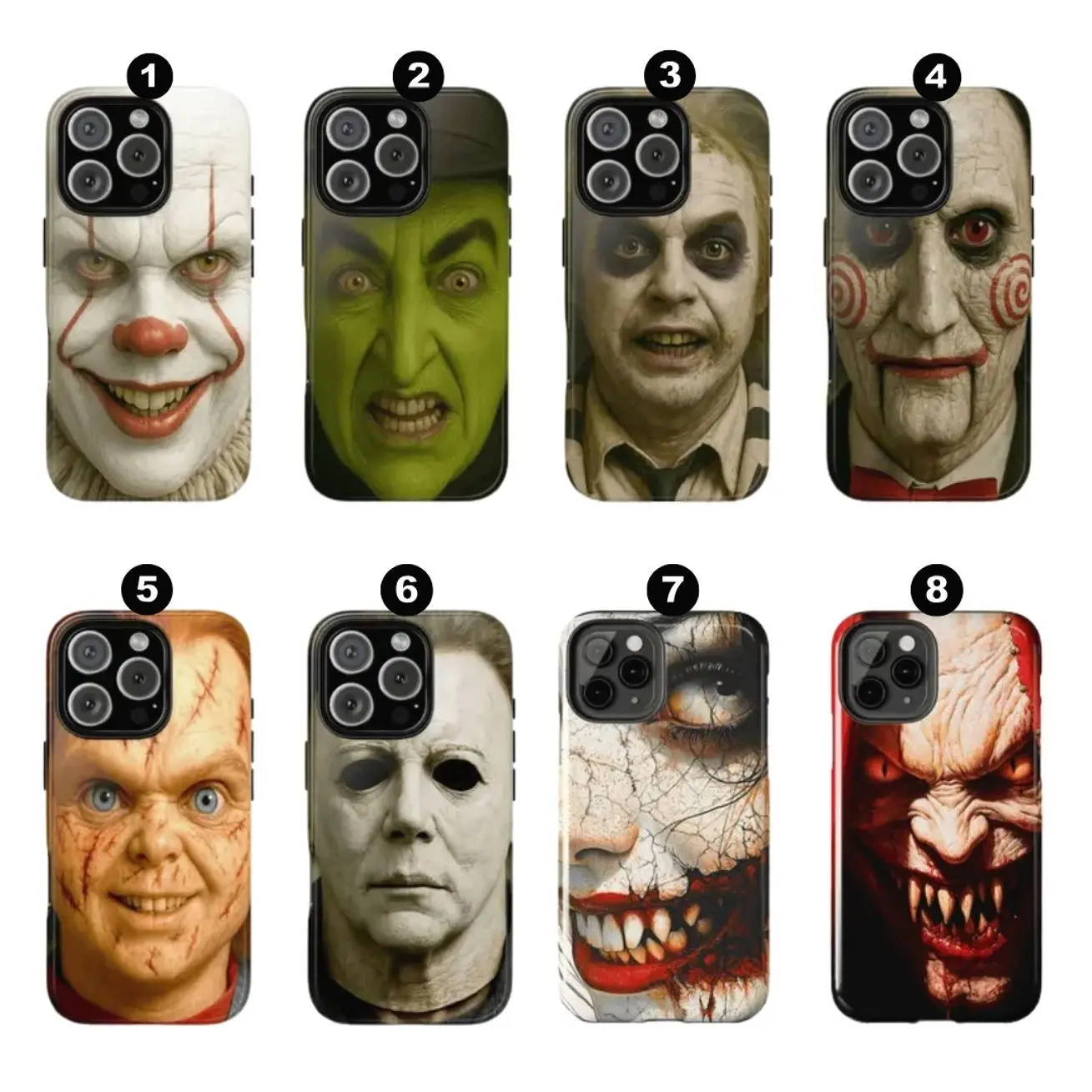 IT Pennywise - Chucky - Michael Myers - Beetlejuice Halloween Phone Case, Horror Movie Face Cover for iPhone X, 11, 12, 13, 14, 15 & more –  SS Galaxy S21 to S25 Ultra, Plus with Suction