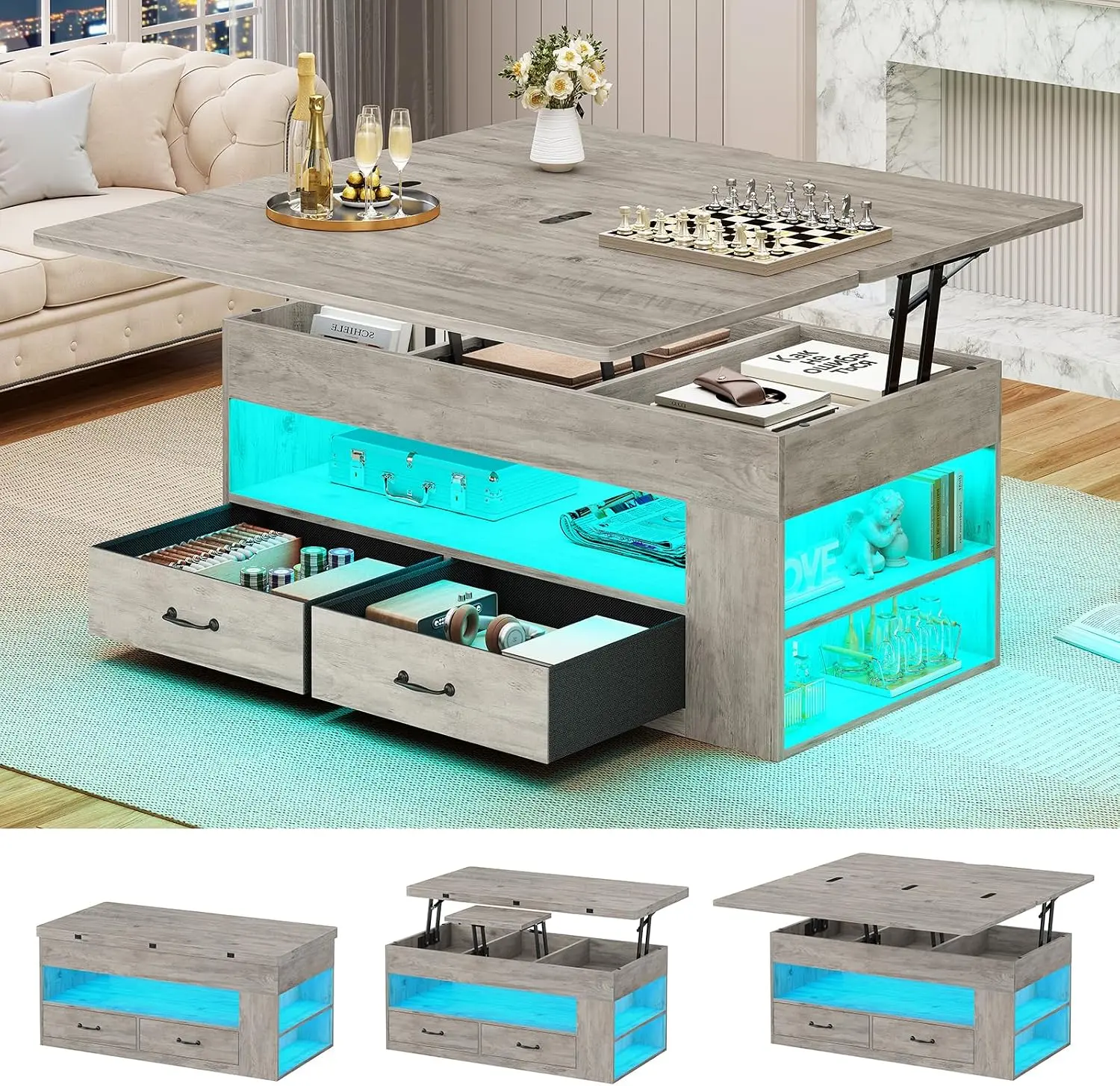 Itaar Lift Top Coffee Table, 4 in 1 Coffee Tables with Storage and Hidden Compartment, Farmhouse Coffee Table with 2 Fabric Drawers & LED Light for Living Room