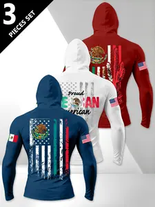 Men's Long Sleeve Hooded Sportswear 3-Pack, Fashion American Ink Style Print, All-Season Fitness Wear, Casual Daily Use, Comfortable and Stylish Design, Gym Tees, Running Training Top