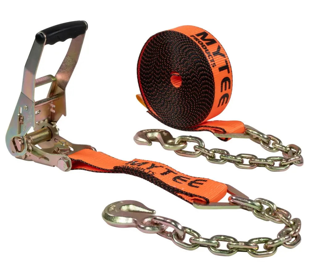 2"x30' Orange Ratchet Strap with Chain Anchor - 4000 Lbs WLL High Abrasion Heavy Duty Tie Down Cargo Truck Straps with Chan Anchor for Flatbed, Truck, Trailers, Pickup