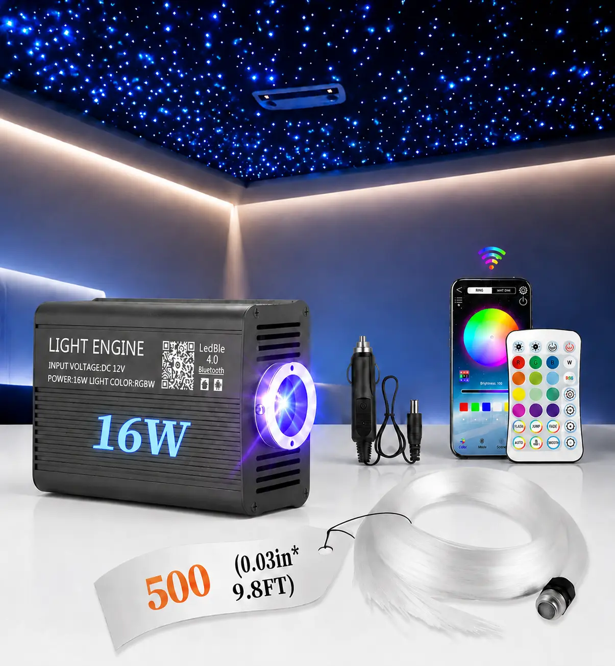 500PCS0.03in9.8ft RGBW Starlight Headliner Kit – 16W DIY Pattern Custom Ceiling Lights, Color Changing for Car & Home Theater Disco Party Professional Animation