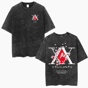 Anime Hunter X Hunter Logo Vintage Washed T Shirt Killua Gon Cherry Blossom Graphic T-shirt Men Fashion Casual Oversized Tshirt Menswear Top 9TU BF1
