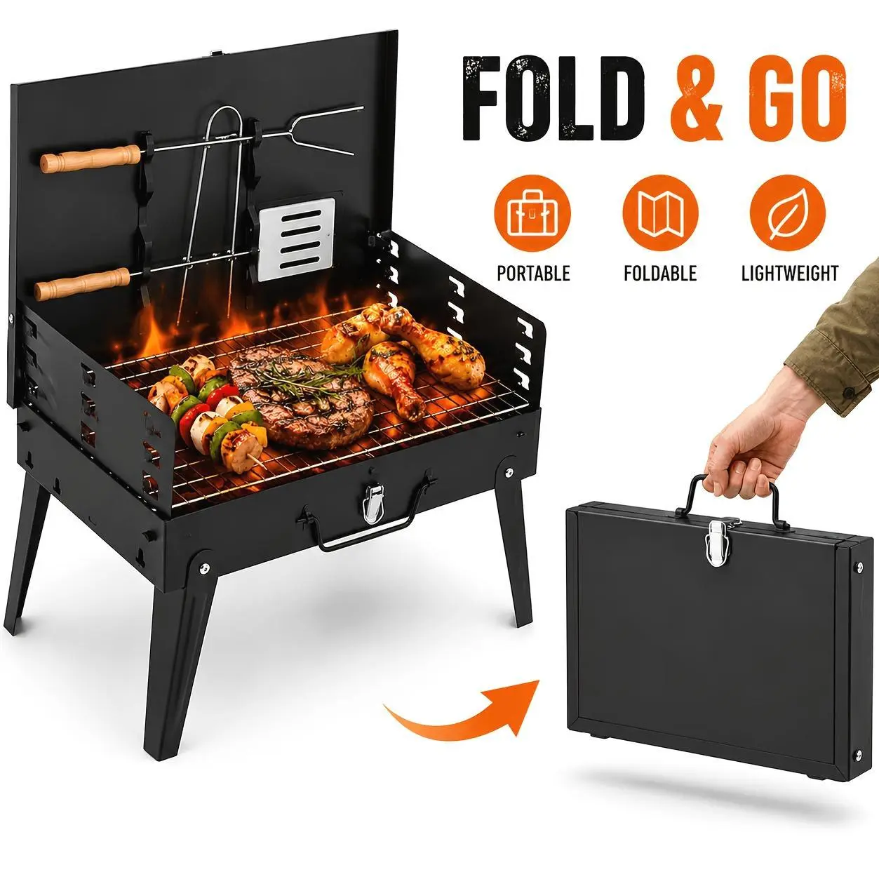 Portable BBQ Charcoal Grill - Compact Folding Cast Iron Grill Suitable for Wood/Charcoal/Pellet Fuel, Lightweight Outdoor & Barbecue Grill for Camping, Picnics, Tailgating, Beach, Backyard Parties - No Assembly Required, Cooking Area <400sqin