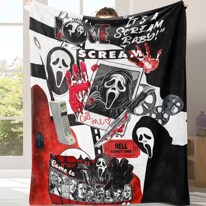 Ghostface Pattern Flannel Blanket - Scream Movie Inspired, Ultra-Soft, Cozy, Warm, Halloween Aesthetic, Character Art Blanket for Movie Nights, Spooky Fan Gifts, Ghostface Pattern Blankets